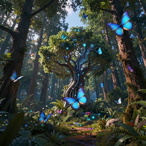Photorealistic digital artwork of a mystical forest with a glowing, twisted tree, surrounded by vibrant blue butterflies and luminescent leaves.