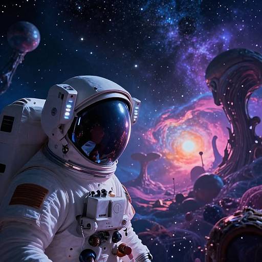 Digital artwork of an astronaut in a white spacesuit with reflective helmet, floating in a vibrant, colorful galaxy with swirling nebulae and distant planets,
