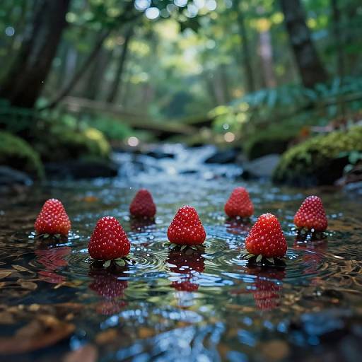 Photograph of seven vibrant red strawberries with white speckles floating in a serene forest stream, reflecting sunlight and surrounded by mossy trees.