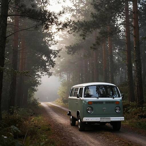 Vintage Van in Misty Forest Dawn