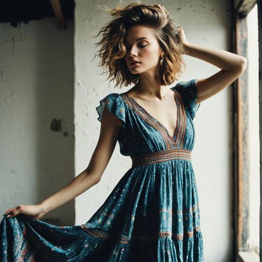 Fashion Model with Finger Roll Hairstyle in Bohemian Dress