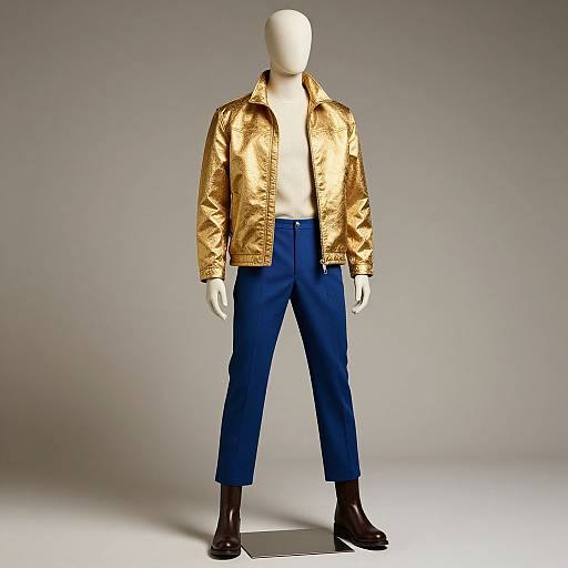 Photograph of a faceless mannequin wearing a gold metallic jacket, blue pants, black shoes, and white gloves against a gray backdrop.