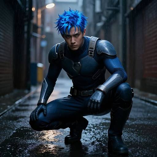 Photorealistic CGI of a blue-haired, muscular superhero crouching on a wet, alleyway street at night, wearing black and silver armor.