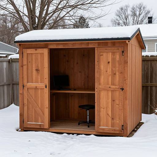Snow-Covered Backyard Office Shed