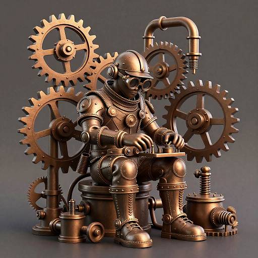 Digital CGI of a steampunk robot sitting amidst large copper gears and pipes, wearing a helmet and detailed mechanical armor.