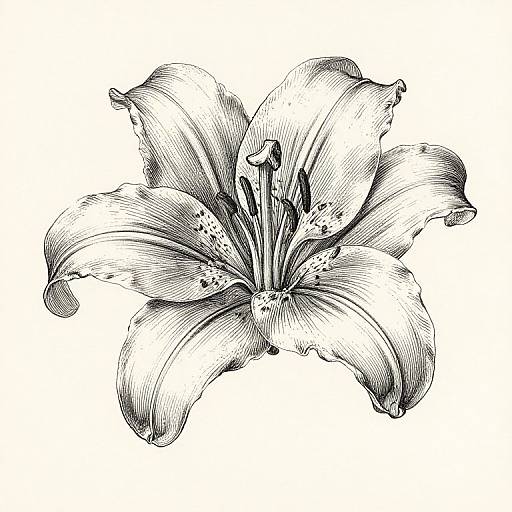 Detailed black and white line drawing of an open lily flower, showcasing intricate petal textures, stamens, and fine cross-hatching.