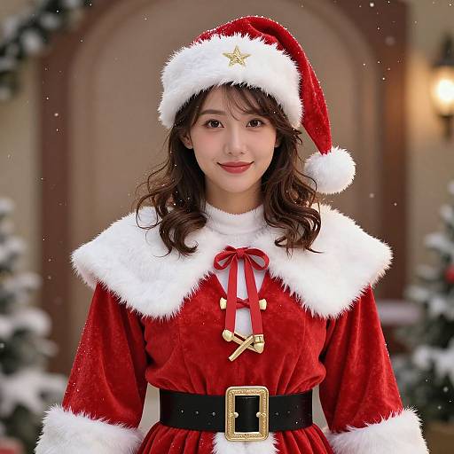 Photograph of an Asian woman with wavy brown hair, wearing a festive red Santa outfit with white fur trim, black belt, and Santa hat,