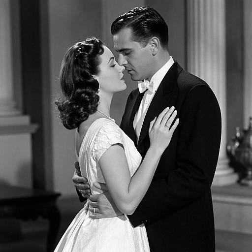 Black-and-white photograph of a 1940s-style couple dancing closely, the man in a tuxedo and the woman in a vintage dress,
