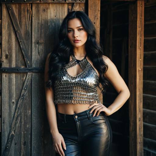 Woman in Metallic Chainmail Top and Leather Pants
