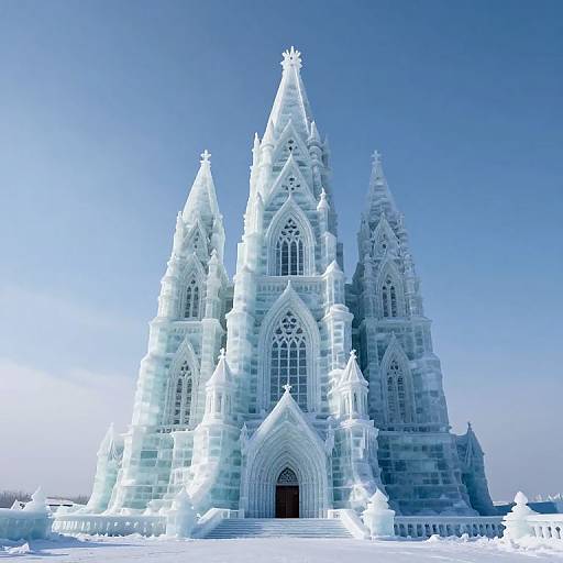 Photograph of an intricately carved ice cathedral with three pointed towers, gothic arches, and detailed windows, set against a clear blue sky.