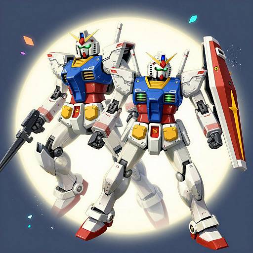 Digital illustration of two colorful, detailed Gundam-style mecha robots with blue, red, and white armor, standing back-to-back against a bright full moon