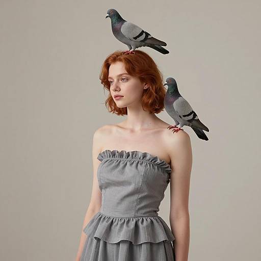 Young Woman with Pigeons in Grey Dress