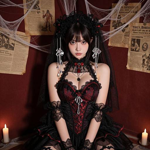 Gothic-themed photograph of a pale-skinned woman with black hair in a lace and red corset, adorned with black ribbons, sitting before
