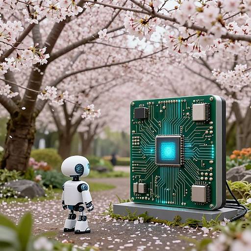 Photograph of a white robot standing in front of a green circuit board with a glowing blue center, surrounded by blooming cherry blossoms. Pathway