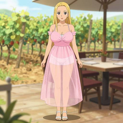 Blonde anime woman in pink, off-shoulder, sheer dress, white sandals, standing in sunlit vineyard, outdoor table and chairs in