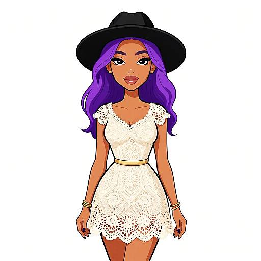 Digital illustration of a beautiful, dark-skinned woman with long purple hair, wearing a white lace dress, black hat, and bracelets, standing against a