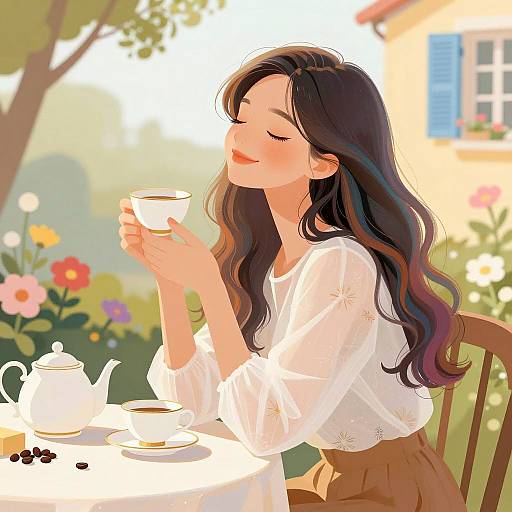 Woman Enjoying Tea in Garden