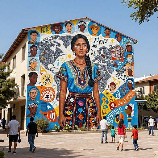Photograph of a vibrant, large mural on a building featuring a central, detailed portrait of an African woman in traditional attire, surrounded by colorful faces,