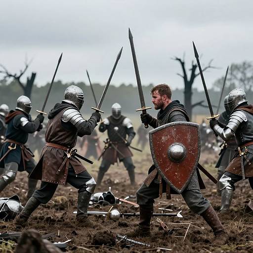 Photograph of medieval battle scene: armored knights with swords and shields, muddy ground, overcast sky, leafless trees in background.
