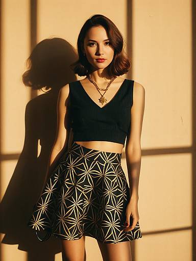 Fashionable Woman in Black Cropped Top and Geometric Skirt