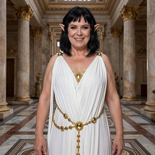 Middle-aged woman with black hair, elf ears, smiling, wearing a white toga dress with gold chains, standing in a grand, marble-columned