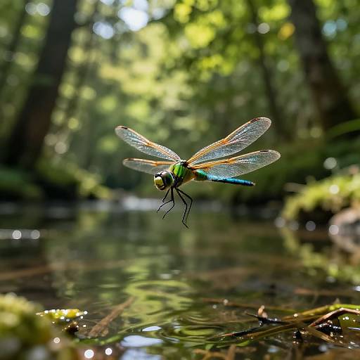 Photograph of a vibrant green and black dragonfly with translucent wings hovering above a sunlit forest stream, surrounded by blurred greenery.