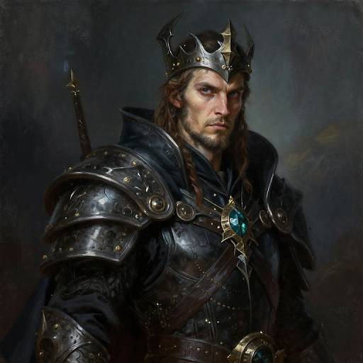 Digital painting of a stern, long-haired, bearded king in dark, ornate armor with a crown, emerald pendant, and sword sheathed