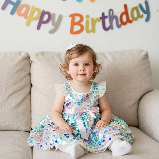 Photograph of a curly-haired toddler in a white, blue, and purple polka dot dress, sitting on a beige couch, with 