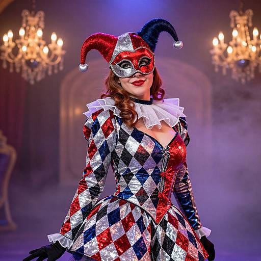 Photograph of a woman in a sparkly, red-and-silver jester costume with a diamond pattern, black-and-red jester hat, and
