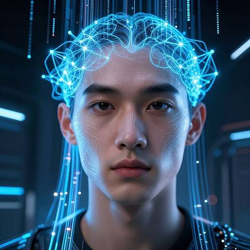 Digital CGI portrait of a young Asian man with glowing blue, wireframe-like hair in a dark, futuristic background. Blue light highlights his face, creating