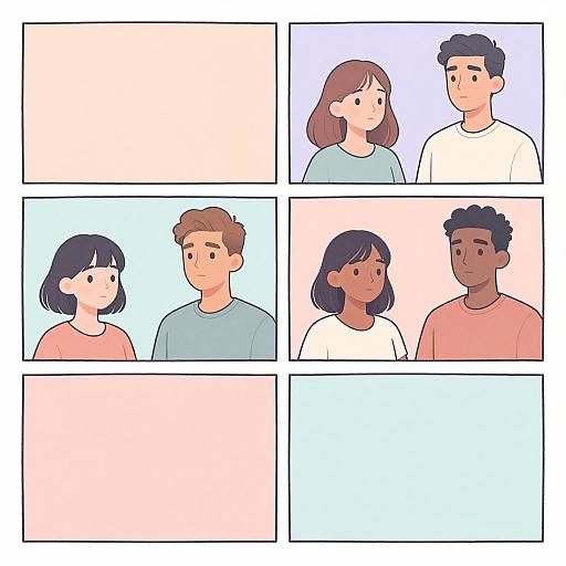 Digital illustration of six cartoon panels featuring four diverse couples with neutral expressions, pastel backgrounds, and simple clothing in soft colors.
