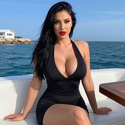 Photograph of a sexy woman with long black hair, red lipstick, large breasts in a black halter dress, sitting on a boat, blue ocean