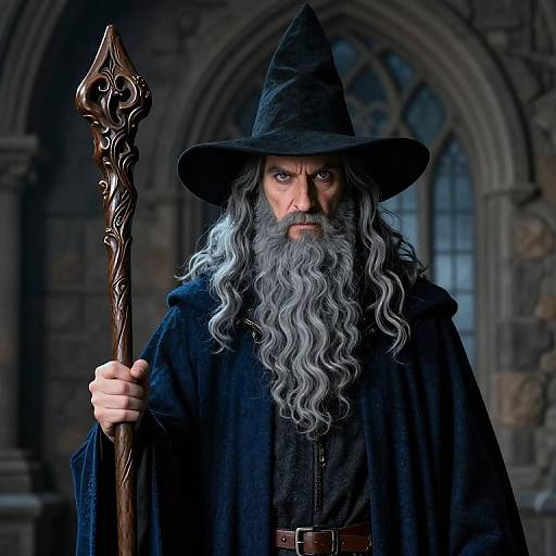 Photograph of a stern, long-bearded wizard with gray hair, black hat, and cloak, holding a ornate wooden staff, in a Gothic