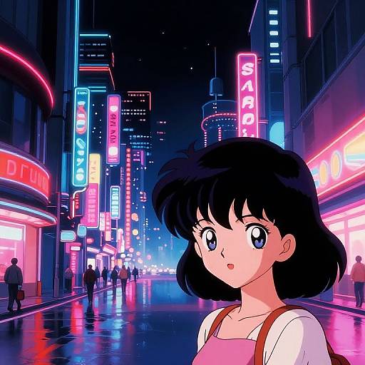 Anime-style drawing of a black-haired girl with blue eyes in a pink dress, standing on a neon-lit, rainy city street.