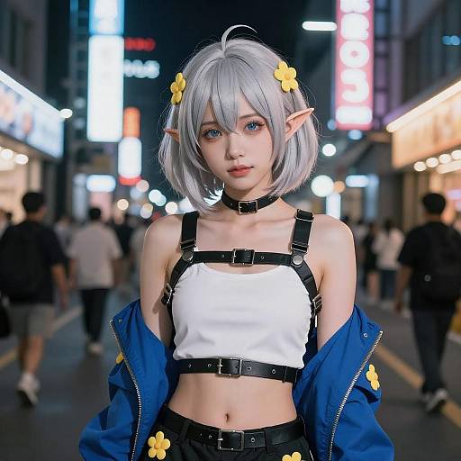 Anime Elf Woman in Neon City Scene