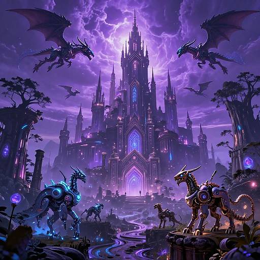 Futuristic Fantasy Landscape with Robotic Dragons