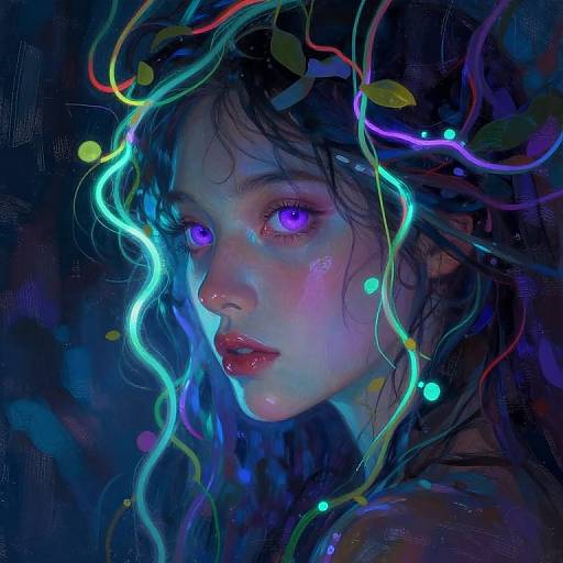 Digital painting of a glowing, ethereal woman with vibrant neon blue and purple eyes, dark wavy hair, and colorful, bioluminescent tendr