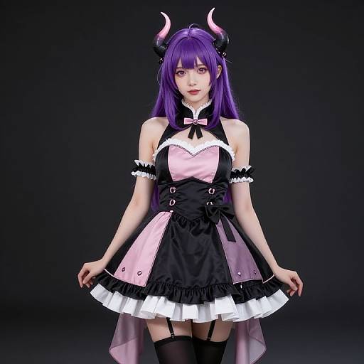 Cosplay photograph of a young woman with purple hair, black and pink demon-themed dress, horns, white frills, black thigh-highs, and