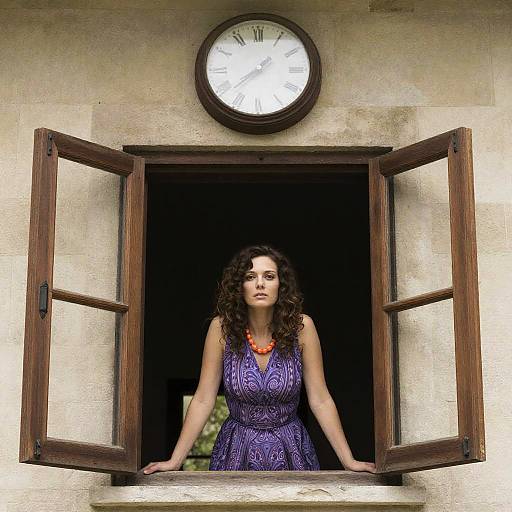 Woman Standing in Open Window with Vintage Clock