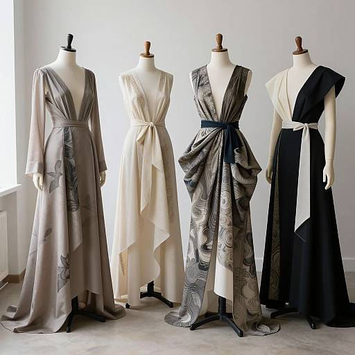 Photograph of five mannequins displaying elegant, floor-length dresses in varying shades and patterns, standing against a white wall with natural light.
