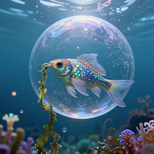 Photograph of a vibrant, iridescent fish with blue and green scales inside a clear bubble, holding seaweed, surrounded by colorful coral reefs underwater