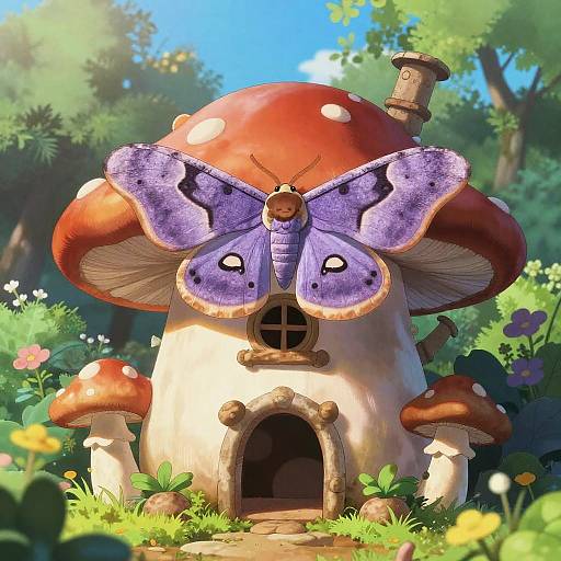Anime Lavender Moth on Mushroom House