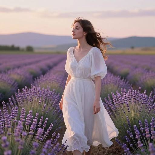 Photograph of a young woman with long brown hair, wearing a flowing white dress, standing in a lavender field at sunset.