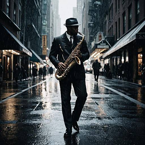 Jazz Saxophonist Playing on Rainy City Street