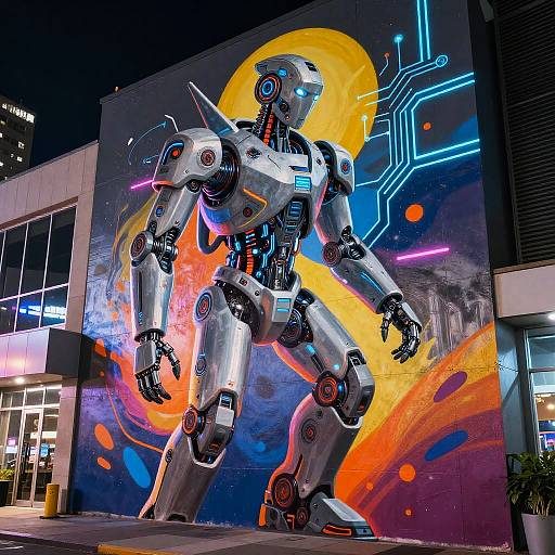 Futuristic Robot Painting Cyberpunk Mural