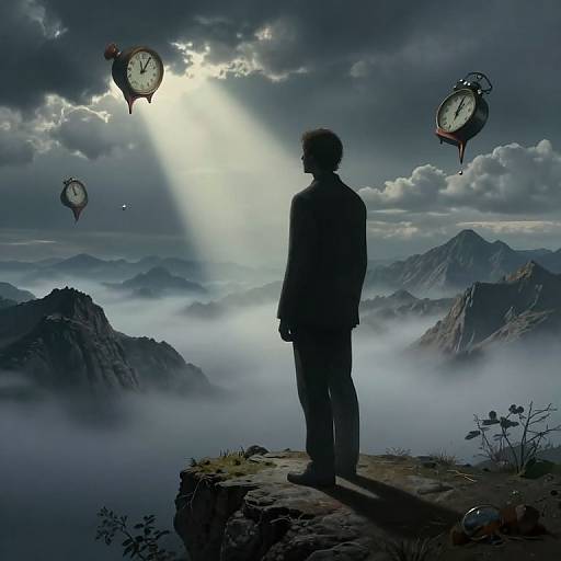 Silhouetted man in suit stands on rocky cliff, gazing at floating, glowing clocks under moonlit, misty mountain range. Digital art