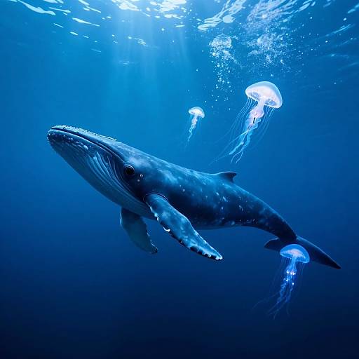 Photograph of a large blue whale gliding through deep, blue ocean water, accompanied by three glowing, translucent jellyfish above.