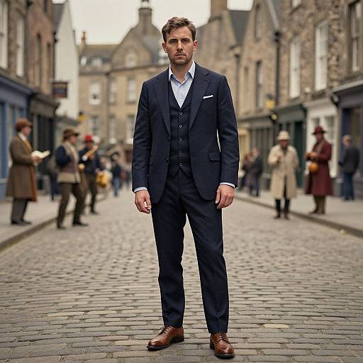 Photograph of a handsome, serious-looking man in a dark blue three-piece suit, standing on a cobblestone street in a vintage European town,