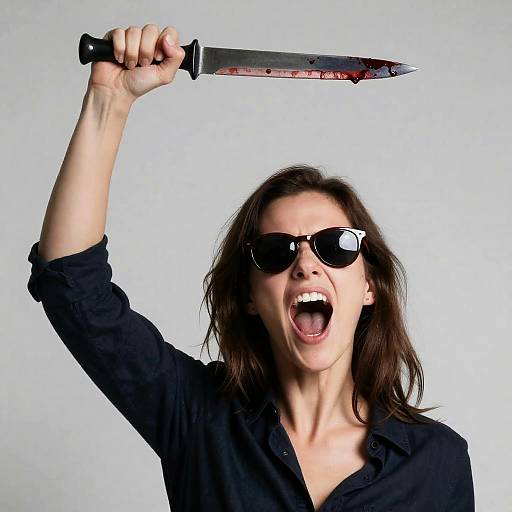 Intense Woman in Dark Sunglasses and Knife