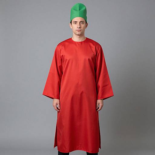 Photograph of a fair-skinned man with a green chef hat, wearing a loose, bright red satin robe, standing against a plain gray background.
